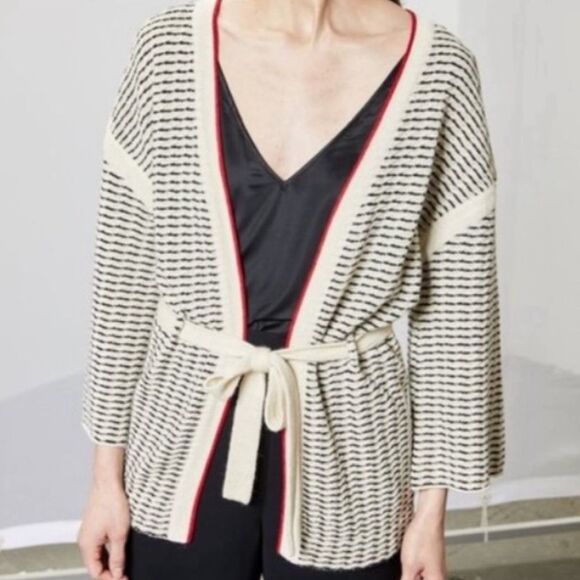 Rachel Comey Medium Black & Cream Alpaca Patterned Belted Cardigan Kimono Jacket - Picture 6 of 6